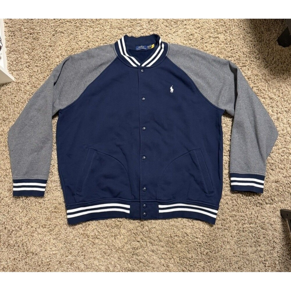 Polo Ralph Lauren Varsity Baseball Jacket Navy Grey Logo Fleece Size XXL